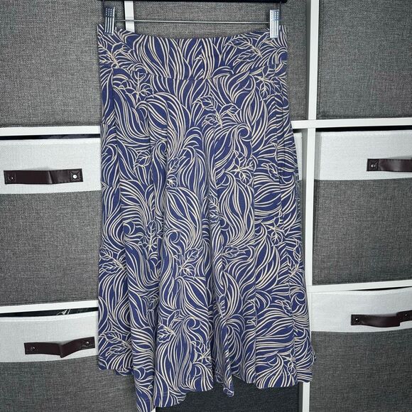 Effies Heart Leaf Print Jersey Circle Midi Skirt Pockets Retro Style Blue Size L - Picture 2 of 8